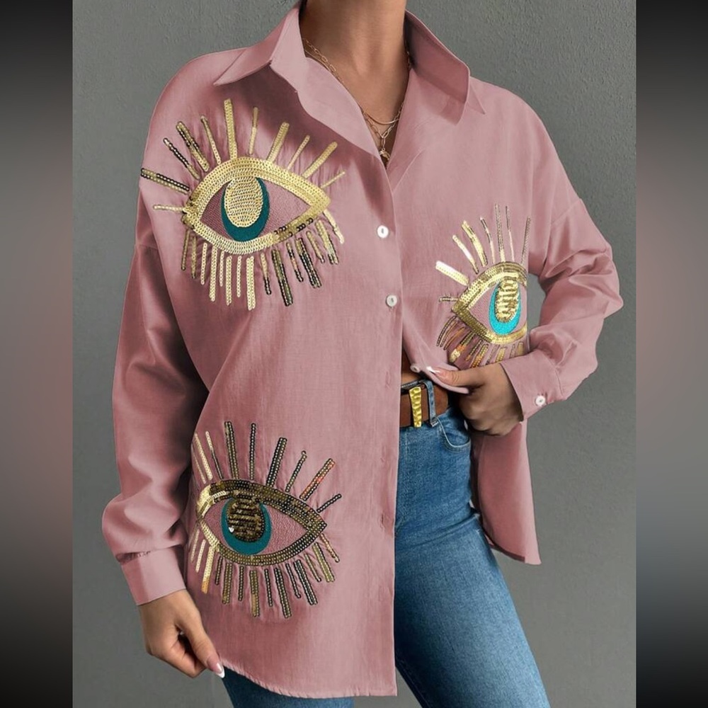 Boho pink blue eye embroidered button down long sleeve shirt - Picture 4 of 5